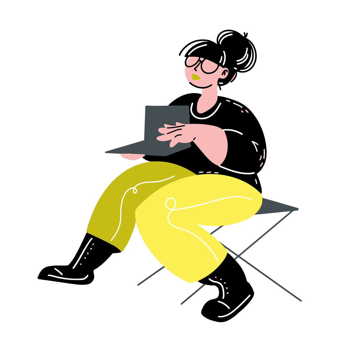 ilustracja: postać pokazująca coś na laptopie