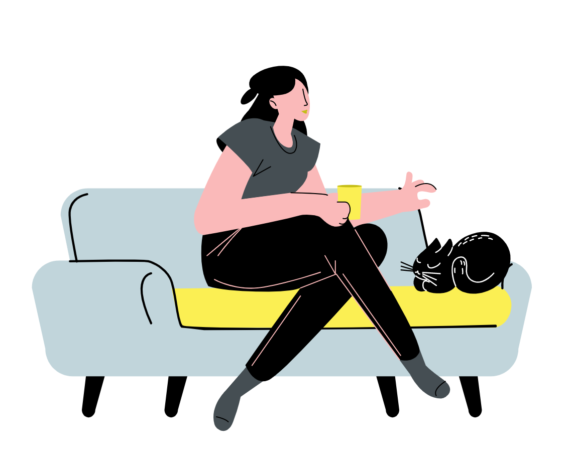 ilustracja: postać na kanapie w towarzystwie kota